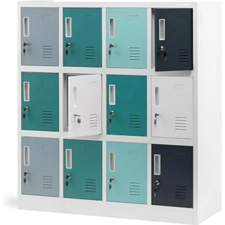 Jan Nowak Metallschrank Schule Kindergarten mit 12 abschließbaren Fächern, Schließfachschrank Stahl, Garderobenschrank Kinder, Kita Spind Hort, 120 x 109 x 45 cm – Bild 1