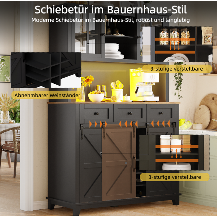 Küchenschrank(105×38.4×180cm), Hochschrank Küchenbuffet, Vitrinenschrank, Buffetschrank mit Verstellbaren Ablagen, Sideboard mit LED-Beleuchtung,Variable Lichtfarben, schwarz – Bild 6