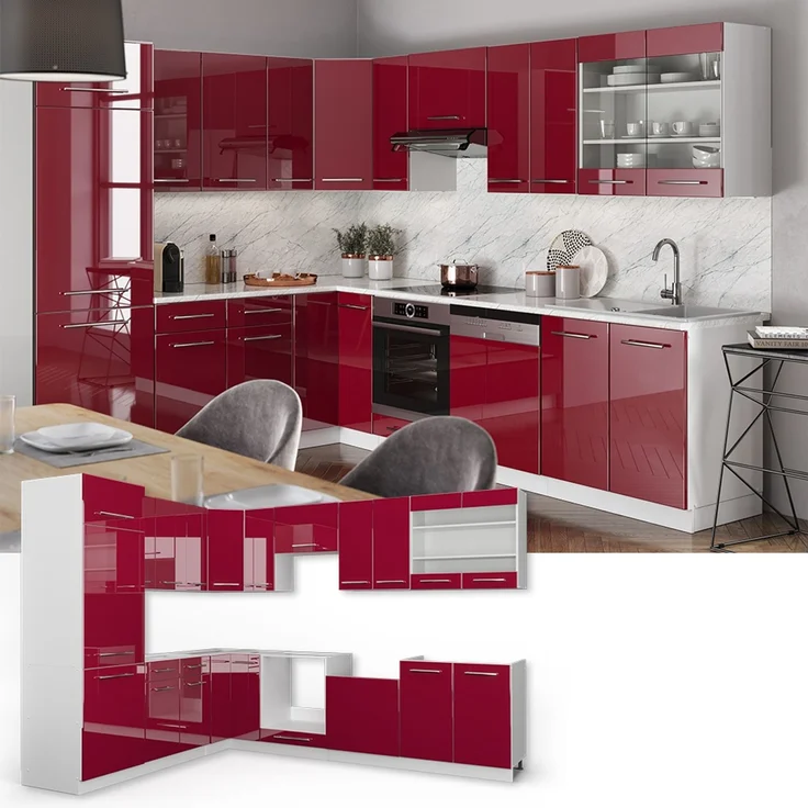Eckküche Fame-Line Bordeaux Hochglanz/Weiß 287 x 227 cm ohne Arbeitsplatte Vicco – Bild 2