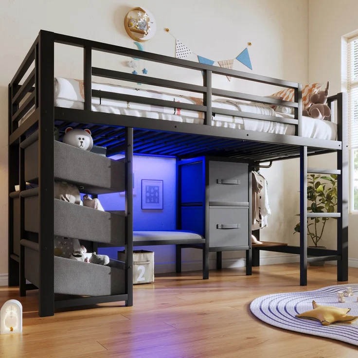 Kinderbett Halbhohes Bett 90x200 cm aus Metall mit LED-Beleuchtung, Sitzkissen, Stauraumschublade und Aufhängebereich – Bild 3