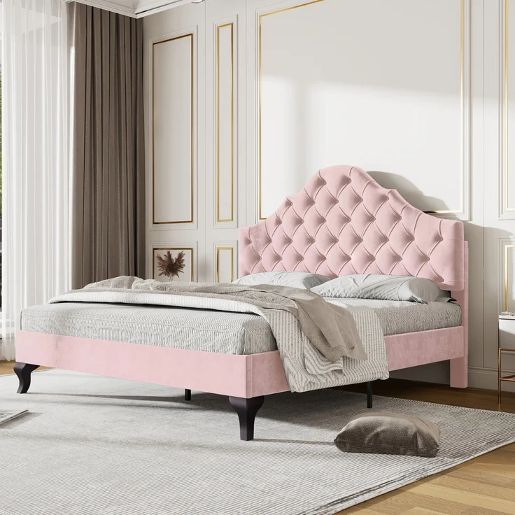 Polsterbett 203*140*118-124cm mit höhenverstellbarem Kopfteil, attenrost und Samtbezug,Rosa – Bild 1