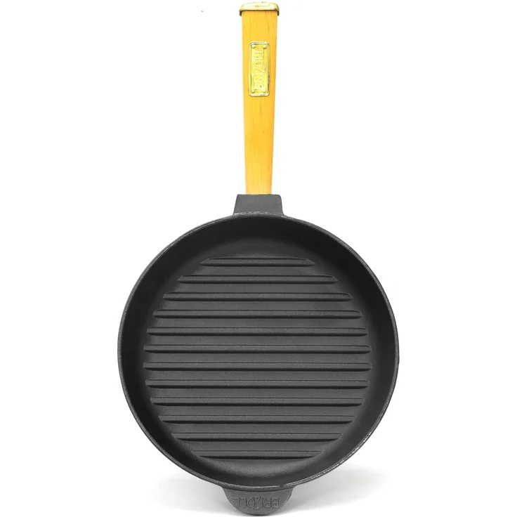 Ø26cm Grillpfanne Gusseisen mit Pressdeckel Induktion Holzgriff Bratpfanne Pfanne Feuerpfanne – Bild 6