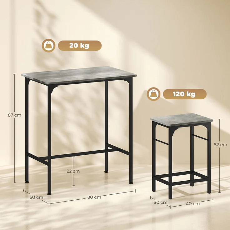 MELAYR, Bartisch Set Bartisch mit Barhocker-Set Esstisch mit 2 Stühlen mit Rutschfestem Fußpolster Grau, 80 x 50 x 87 cm – Bild 5