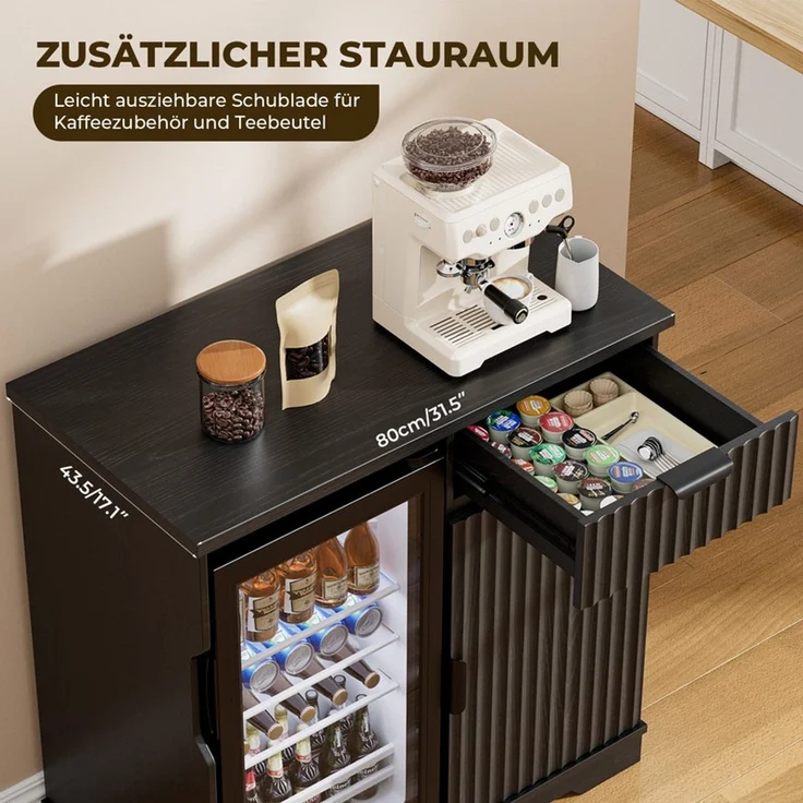 Weinschrank Barschrank mit 92L Kühlschrank, Schublade und Riffeldesign, Schwarz – Bild 3
