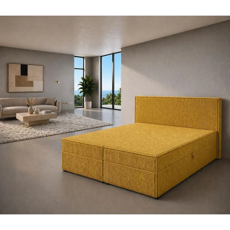 KRISAN MÖBEL Kontinentallbett ASTI Stoff POSO-Cord in Gelb 200 × 200 x 106 cm Bett mit Bettkasten und Topper inklusiv – Bild 2
