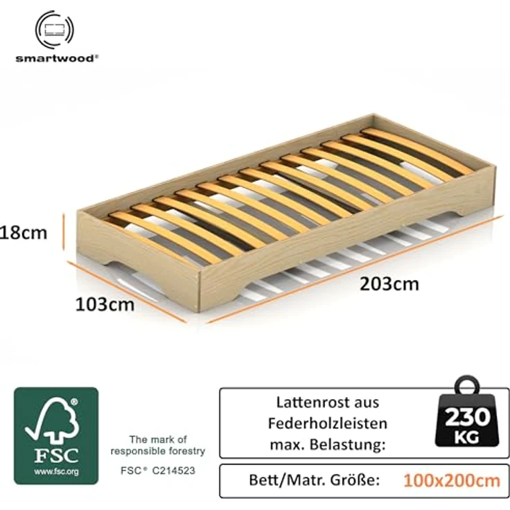 smartwood Kinderbett 100x200 Grün - Bodenbett aus Kiefernholz mit FSC-Zertifikat - Montessori Bett mit gebogenem Lattenrost bis zu 230 kg für Jungen und Mädchen - Einfache Montage - TILA 7 – Bild 2