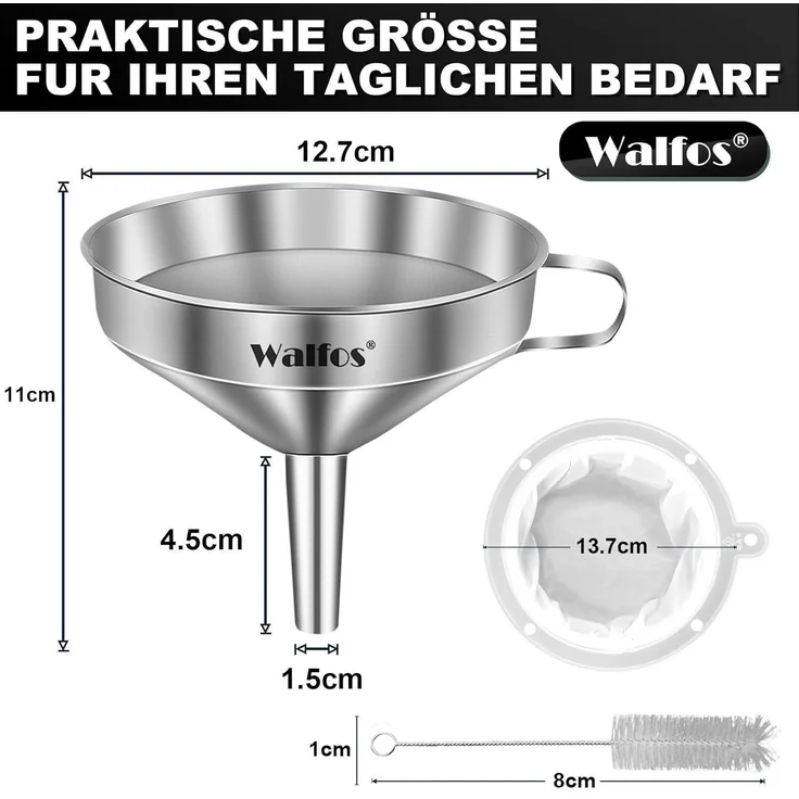 Walfos Edelstahl Trichter mit 2 Sieben & Reinigungsbürste 200 Mesh 13 cm – Bild 6