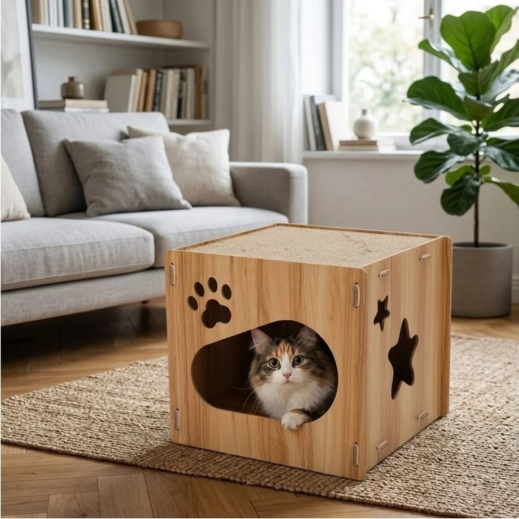 SNOEKIE Kratzbrett SNOEKIE Würfel-Katzenbett mit Kratzbrett aus Holz – Bild 1