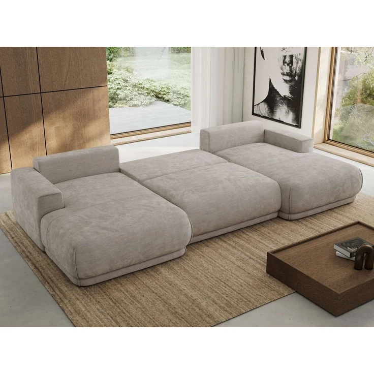 XXL Wohnlandschaft RINA U-Form 360 cm breit, Sofa mit Schlaffunktion & DL-Mechanismus, Wellenfederung, modern freistehend - Hellgrau Schenille glatt – Bild 4