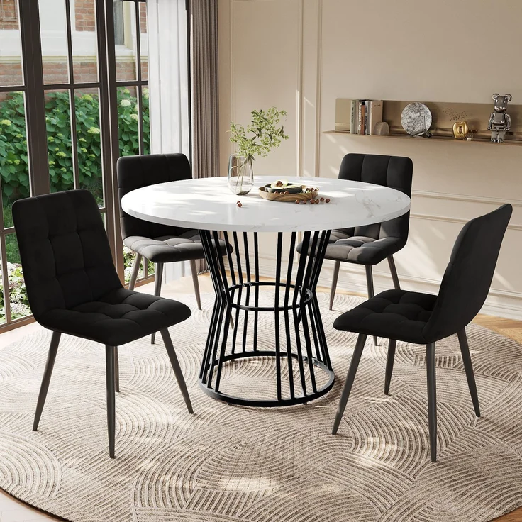 Essgruppe 5 Teilig Rundtisch 100 cm Marmor Optik mit 4 Samtstühlen Metallgestell Küchentisch Set Esszimmer Schwarz & Weiß – Bild 2