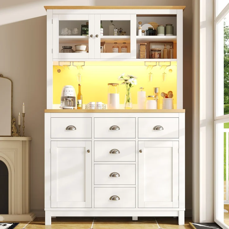 Seitenboard / Aufbewahrungsschrank / Küchenschrank / Buffetschrank, 104x40x180cm, Landhausstil, 4 Türen, mit LED-Lichtleiste & Getränkehaltern, Grün/Weiß--Weiß--104x40x180cm--YOUDENOVA – Bild 5