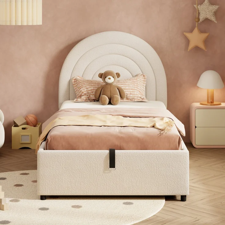 Kinderbett mit Stauraum und Kopfteil, 90x200 cm, Polsterbett mit Lattenrost, Einzelbett, Boucle – Bild 2