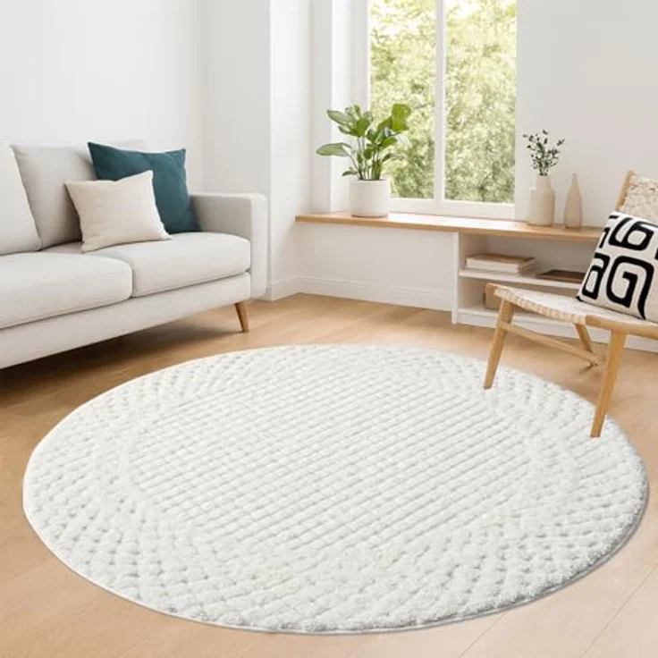 Teppich Rund - 200x200cm - Hochflor - Boho - Pastell Creme Grau - Einfarbig - Modern Raute Muster- Skandinavisch Flauschig Weich - Schlafzimmer Dekoration – Bild 7