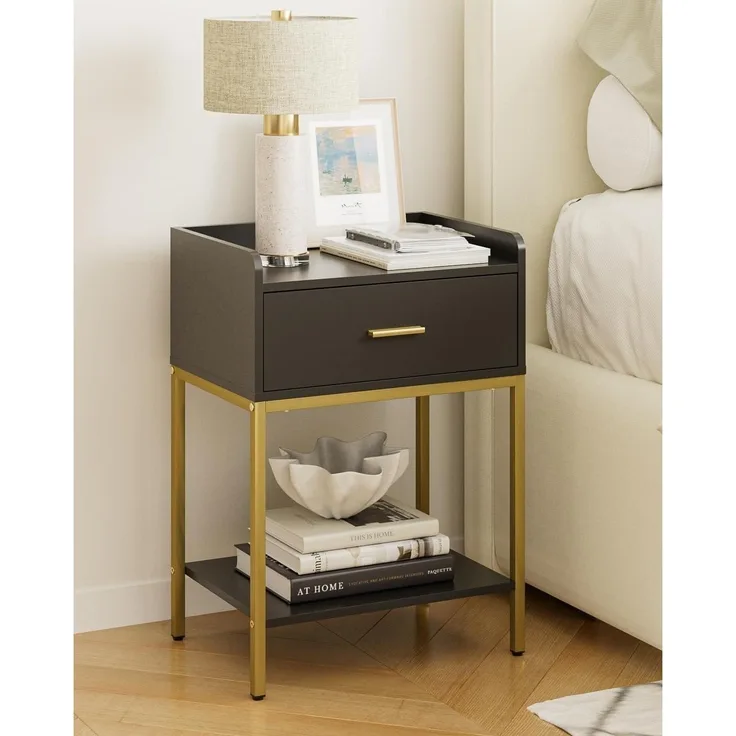 Schwarzer 3-Tier Nachttisch mit Schublade und Regal, Moderner