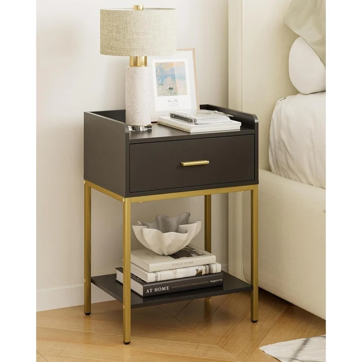 Schwarzer 3-Tier Nachttisch mit Schublade und Regal, Moderner – Bild 1