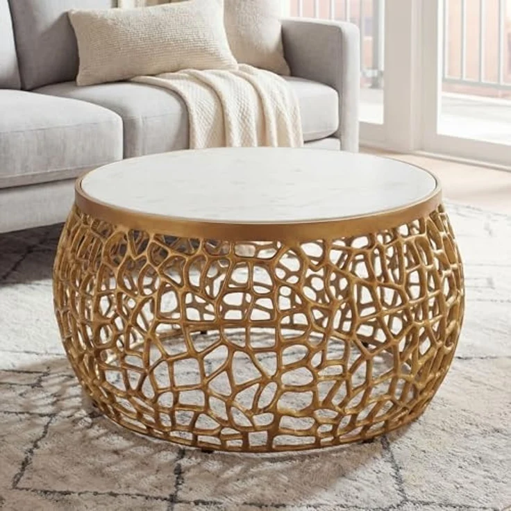 Design Metall Couchtisch Gold mit weißer Marmor Tischplatte 60 cm rund - Aluminium Wohnzimmertisch Modern - Loungetisch Alu Beistelltisch Wohnzimmer Handmade – Bild 2
