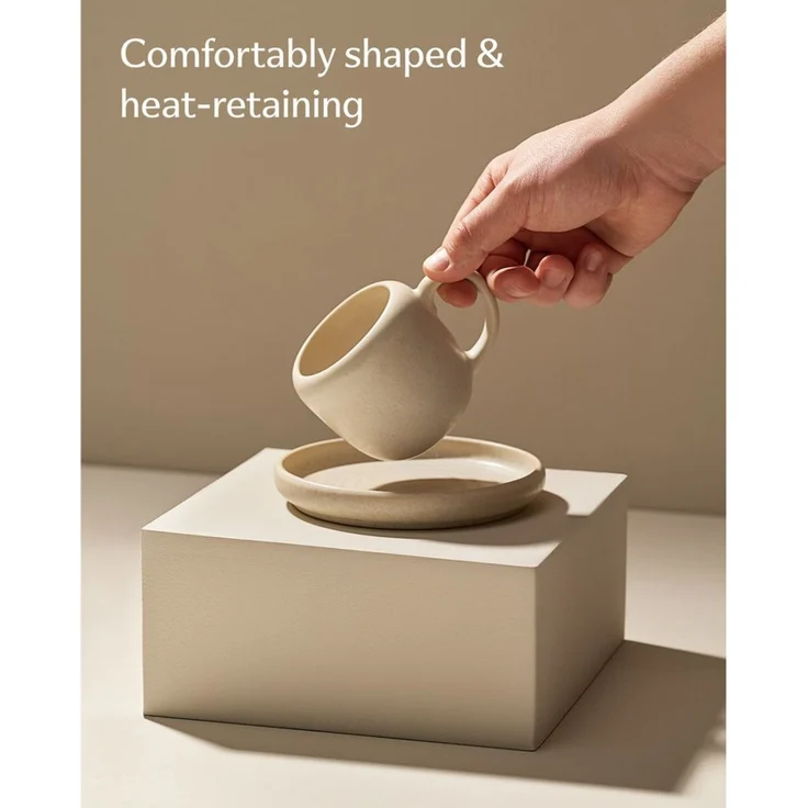 Cosumy Cappuccinotasse 4er Cappuccino Tassen Set mit Untertassen Weiß – 200 ml Keramik, 4-tlg, Steingut, Handglasiert, Spülmaschinenfest & Mikrowellengeeignet, 4er Set – Bild 3