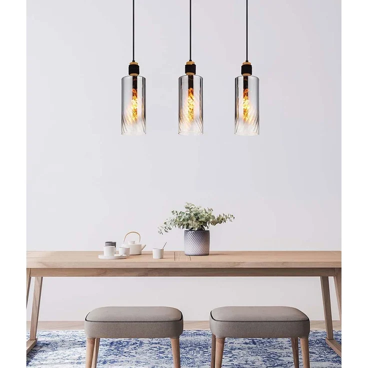 Pendelleuchte, schwarz, Holz braun, Glas rauchfarben, H150cm – Bild 2