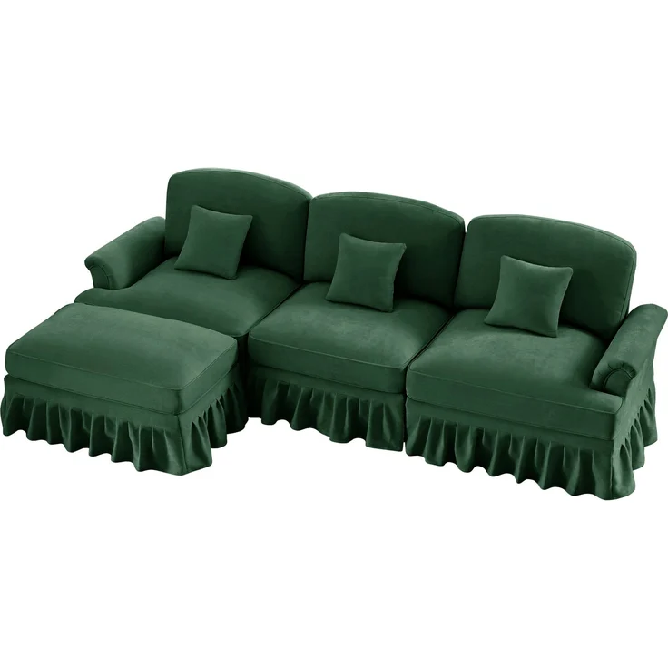 Modulares Mid-Century L-förmiges 3-Sitzer Sofa, Chenille, Trichter-Armlehnen, abnehmbare Rüschenschürze, spindelförmige Beine, beweglicher Hocker, tiefer Sitzkomfort fürs Wohnzimmer, Grün – Bild 9
