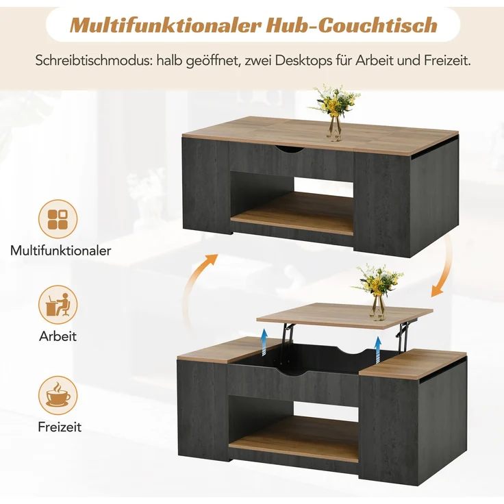 LVHOM Couchtisch mit Stauraum, Höhenverstellbarer Kaffeetisch mit versteckten Fächern, Laptoptisch für Wohnzimmer, Eiche-Optik/Grau, 109x60x43 cm – Bild 3