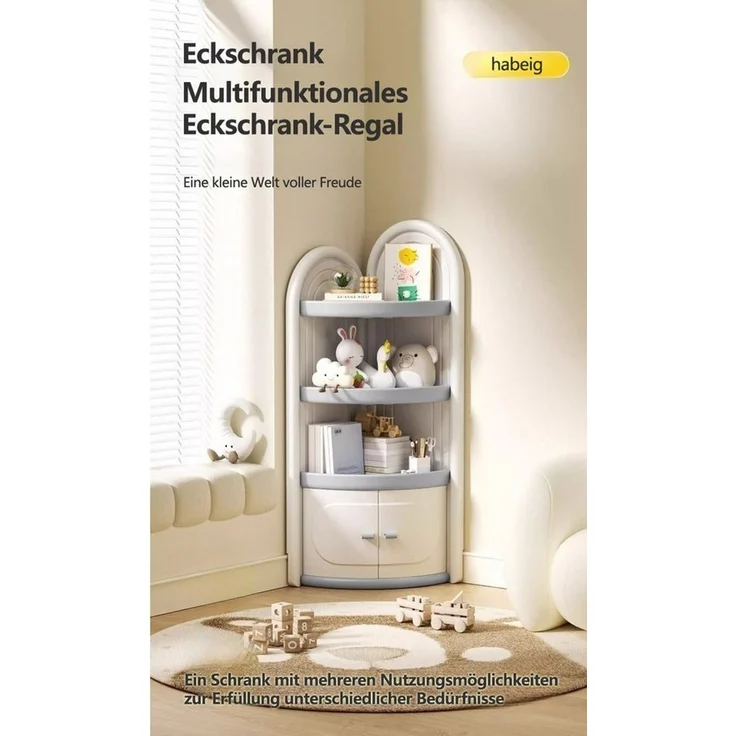 habeig Kinderregal Eckschrank für Kinderzimmer, Weiß-Grau, 138cm Höhe, Türen, abgerundete Kanten, Aussparung für Fussbodenleiste – Bild 1