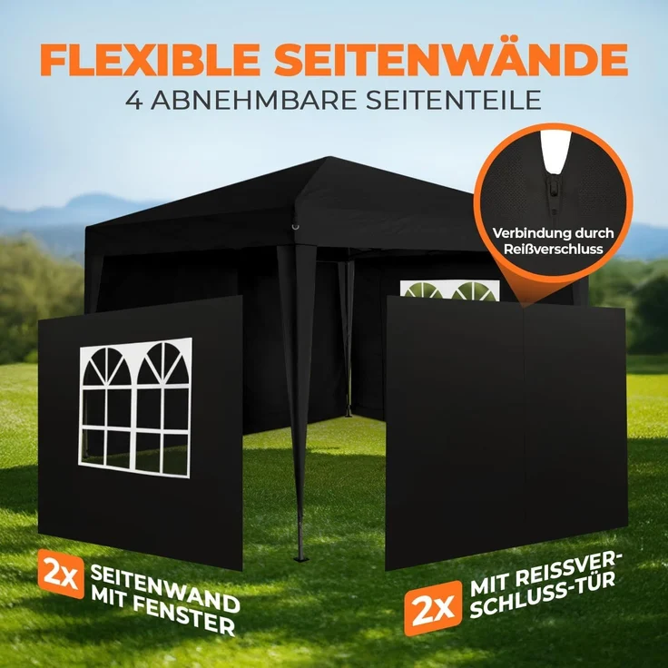 Kronenburg Faltpavillon wasserdicht Dachmaß 2x2 m UV Schutz 50+ Pavillon in Schwarz mit 4 Seitenteilen – Bild 6