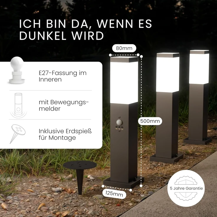 MATO Wegeleuchte mit Bewegungsmelder - inkl. Erdspieß, E27 Fassung, Höhe 50 cm - Outdoor Pollerleuchte aus Edelstahl IP44 - Wegleuchten Außen, Sockelleuchte, Standleuchte, Gehwegleuchten Außen – Bild 2