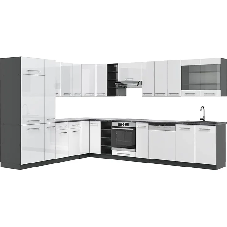 Eckküche Fame-Line Weiß Hochglanz/Anthrazit 347 x 46 cm ohne Arbeitsplatte Vicco