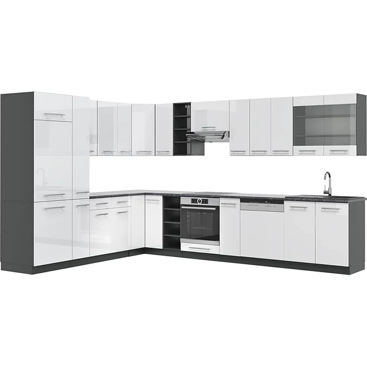 Eckküche Fame-Line Weiß Hochglanz/Anthrazit 347 x 46 cm ohne Arbeitsplatte Vicco