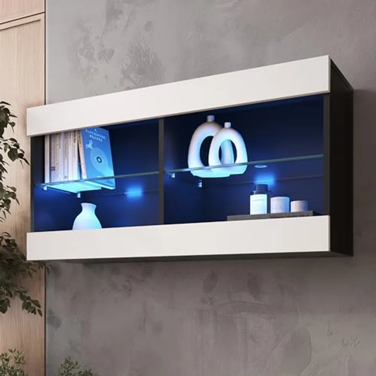 Komodee Hängevitrine Tivoli, Schwarz-Weiß, Glas, 2 Fächer, Rechteckig, 100x50x29.5 cm, optionale LED-Beleuchtung – Bild 1