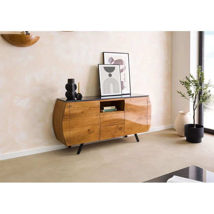 Sideboard Akazie 154 x 40 x 75 natur lackiert / Marmor schwarz MONTREAL #125 – Bild 4