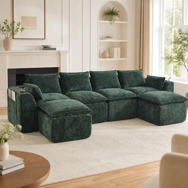 Modulares Sofa 322x161x75 cm aus grünem Chenille mit Seitentaschen und Hockerelement