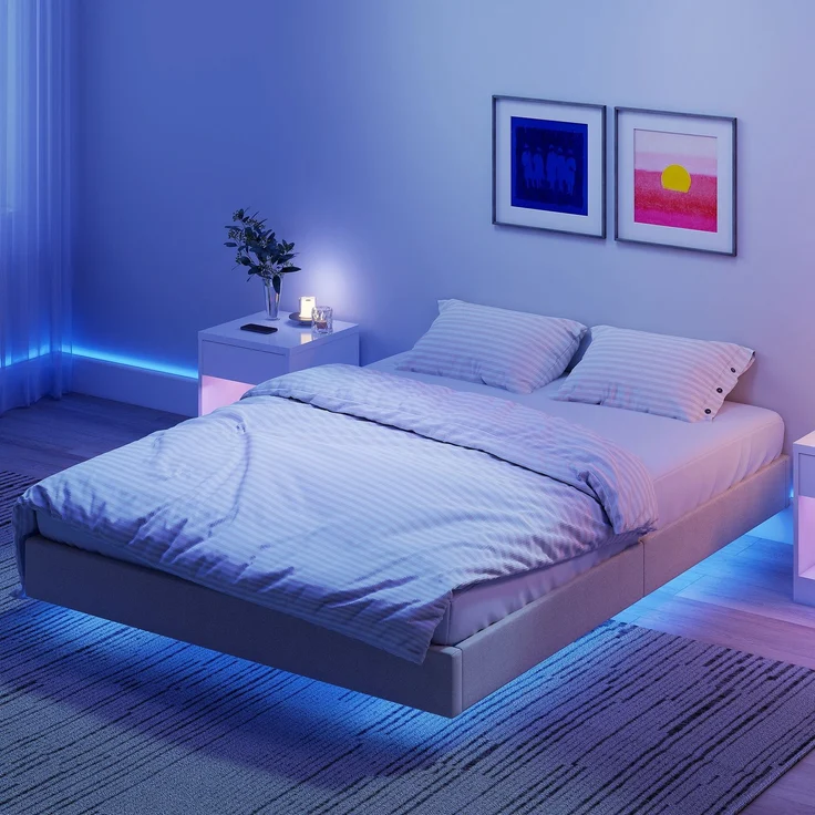 Rayofly-Schwebendes Bettgestell 140x190 cm mit LED Beleuchtung, Leinenbezug Doppelbett, Holzlattenrost, Beige, H 270cm x T 1910cm x B 1420cm – Bild 3