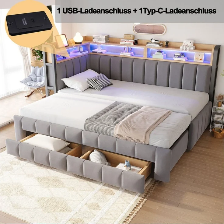 Celya Polsterbett Schlafsofa 90/180 × 200 cm Mit Ausziehbarem Bettteil und Schubladen (ohne Matratze, Mit LED-Beleuchtung, USB- und Typ-C-Anschlüssen), Mit Ablage und Staufächern, Samtstoff – Bild 4