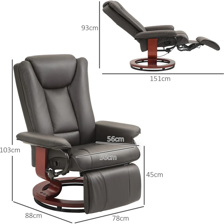 Wohnora-Relaxsessel mit Liegefunktion, drehbar, bis 150 kg, Kunstlederbezug, Stahlrahmen, Braun,H 1030cm x T 780cm x B 880cm – Bild 4