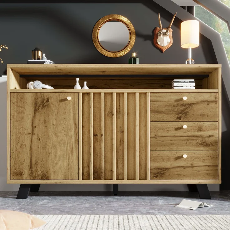 Merax Sideboard Kommode mit 3 Schubladen und 2 Türen Stauraumschrank mit offenem Fach und Lamellenfront im Vintage Stil für Wohnzimmer Esszimmer Flur und Eingangsbereich in dunkler Eiche – Bild 2