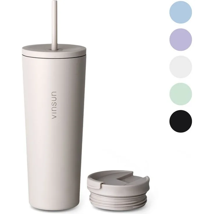 Vinsun Thermobecher Edelstahl Becher mit Strohhalm 480ml - Isolierbecher auslaufsicher, 4-tlg, Edelstahl, Doppelwandig isoliert, BPA frei, bruchfest, Kalt- und Heißgetränke