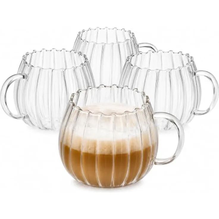 Zoha Glas Riffle Cup 400ml für Kalt- & Heißgetränke, Spülmaschinenfest, Stilvoll, 8-tlg, Borosilikatglas, hitzebeständiges Tassen Set für Kaffee, Matcha, Latte Macchiato, 8 St.
