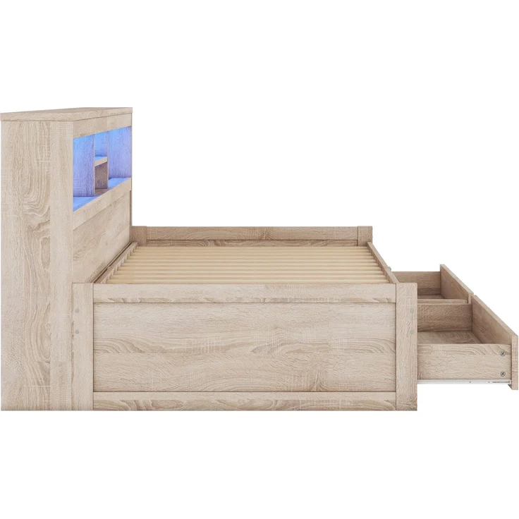 Holzbett mit LED-Beleuchtung und Stauraum, 90x200 cm, Einzelbett mit Mehrfachsteckdose und Lattenrost, Jugendbett – Bild 9