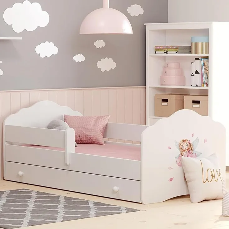 Kids Collective Kinderbett für Mädchen mit Matratze und Schublade & Lattenrost (70x140, 80x160 cm Jugendbett Einzelbett Komplettbett in weiß mit Prinzessin Motiv), Bett für Kinder Bett komplett Set Rausfallschutz Kinderbett 70x140 cm