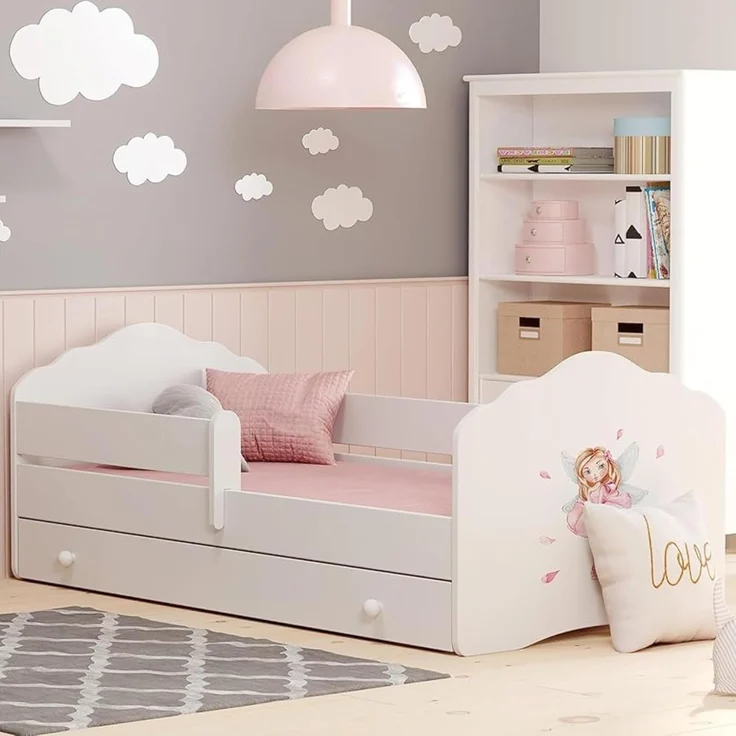 Kids Collective Kinderbett für Mädchen mit Matratze und Schublade & Lattenrost (70x140, 80x160 cm Jugendbett Einzelbett Komplettbett in weiß mit Prinzessin Motiv), Bett für Kinder Bett komplett Set Rausfallschutz Kinderbett 70x140 cm