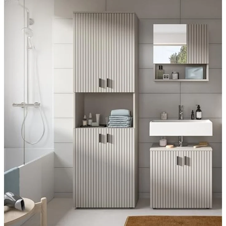 xonox. home – Badkombination Mone 135x192x30 cm in Kaschmir Nachbildung – 3-teiliges Set mit Badschrank, Waschbeckenunterschrank & Spiegelschrank – funktional & vielseitig kombinierbar – Bild 6