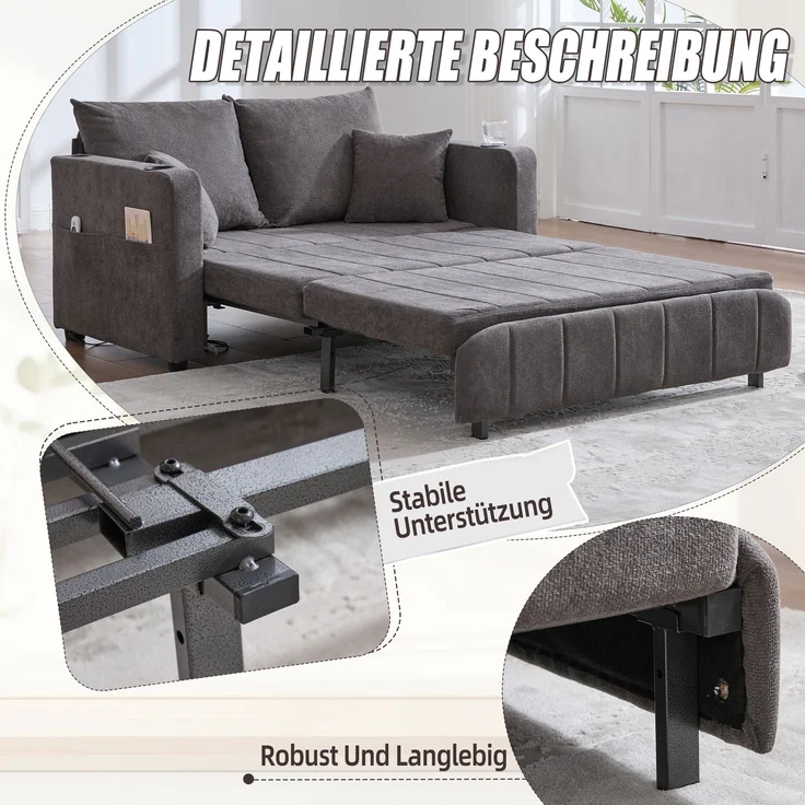Wohnora-Multifunktionales Stoffsofa, ausziehbares Klappsofa, als Sofa oder Bett nutzbar, mit Aufbewahrungstaschen an den Armlehnen, USB-Ladefunktion und Getränkehaltern (grauer Chenille-Stoff),H 83cm x T 139cm x B 73cm,Grau – Bild 2