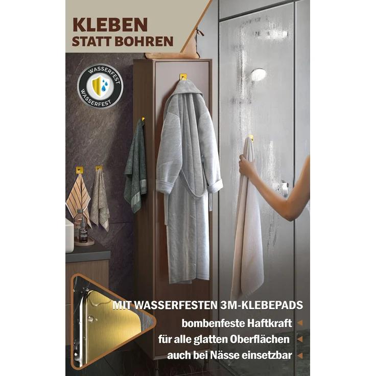 Lindenstein Wandhaken 6er-Set Gold – Edelstahl V2A, 3M-Pads, ohne Bohren – Bild 4