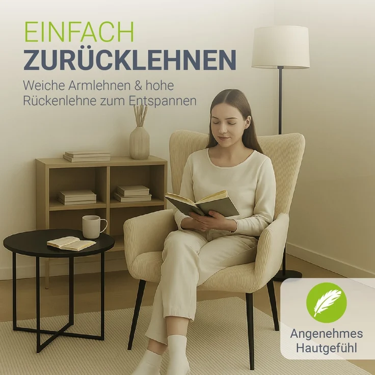 Juskys Ohrensessel Odense ohne Hocker, TV- & Lesesessel in Cord, hohe Lehne, Metallbeine, komfortabler Stoffbezug, pflegeleicht – Beige – Bild 5
