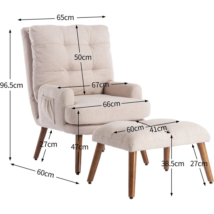 Stuhl mit Fußhocker, ergonomisches Relaxstuhl-Set mit Seitentaschen, Pull-Point-Design, weicher Schaumstoffpolsterung,Beige – Bild 8