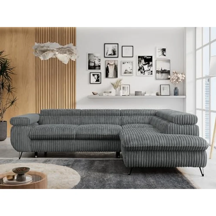 Mks Möbel 'Peter L-form' Ecksofa mit Bettfunktion, Bettkasten & einstellbaren Kopfstützen, Dunkelgrau, Cord, rechts – Bild 3