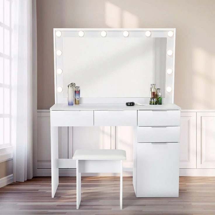 oyajia Schminktisch Kosmetiktisch mit Spiegel und Hocker, Kosmetikspiegel und 5 Schubladen (Make-up Tisch mit 5 Schubladen und 3 offene Ablagen, mit USB-Anschluss), Frisierkommode mit LED Beleuchtung,Schlafzimmermöbel Vanity Set – Bild 5