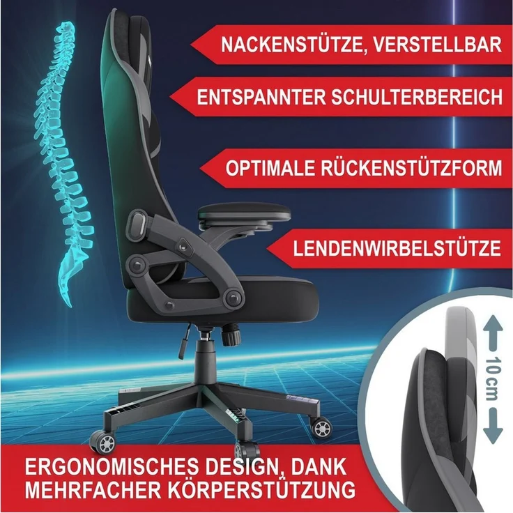 Onbest Gaming-Stuhl ergonomisch mit Lordosenkissen bis 150kg, 360°, verstellbare Armlehnen Kopfstütze Rückenlehne – Bild 3