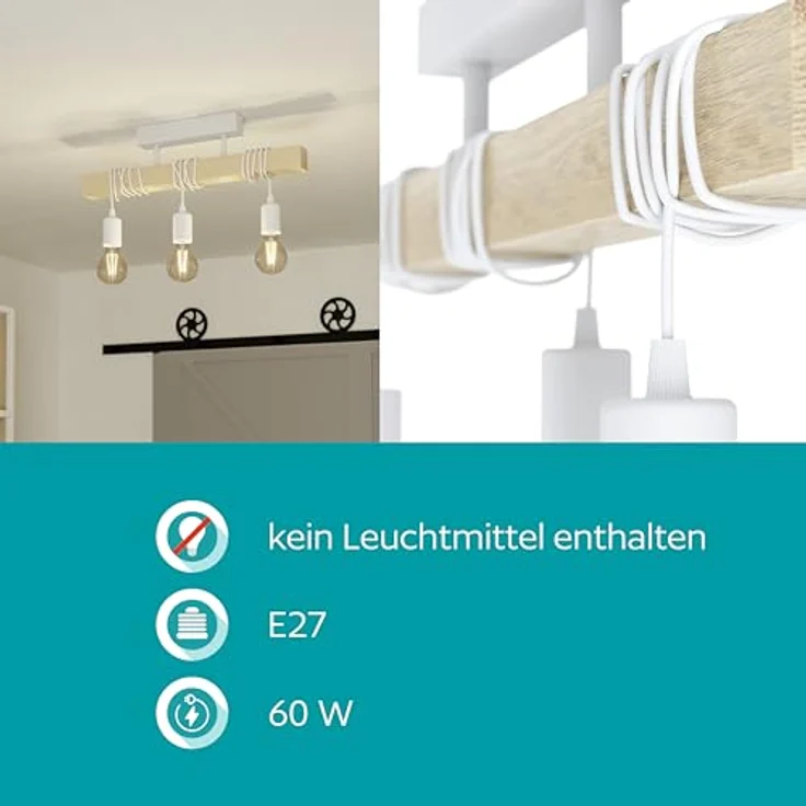 Eglo 33166 Hängeleuchte TOWNSHEND Stahl weiß, Holz braun E27 3X40W L:55cm B:10,5cm H:26,5cm dimmbar – Bild 5